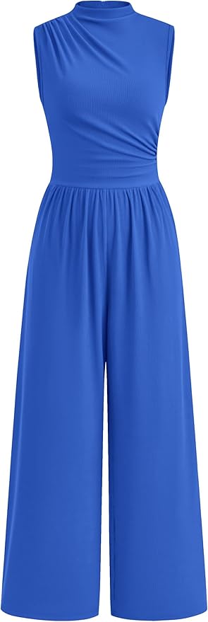 PRETTYGARDEN Womens Summer Jumpsuits Dressy Casual One Piece Outfits Sleeveless Mock Neck Wide Leg Pants Rompers with Pockets