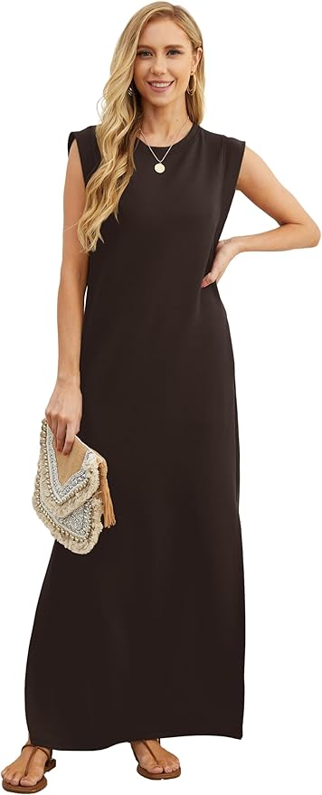 GRECERELLE 2026 Women Year-Round Casual Round Neck Loose Split Wrinkle-Free Long Maxi Vacation Dress with Pockets (XXS-4XL)