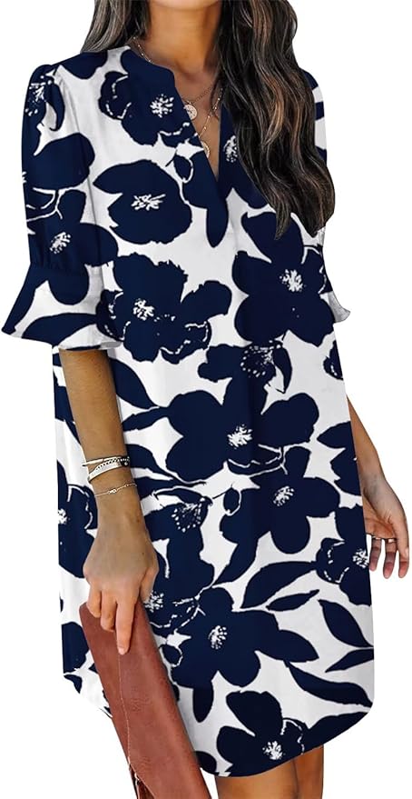 QACOHU Summer Dresses for Women V Neck Ruffle Short Sleeve Casual Shift Dress