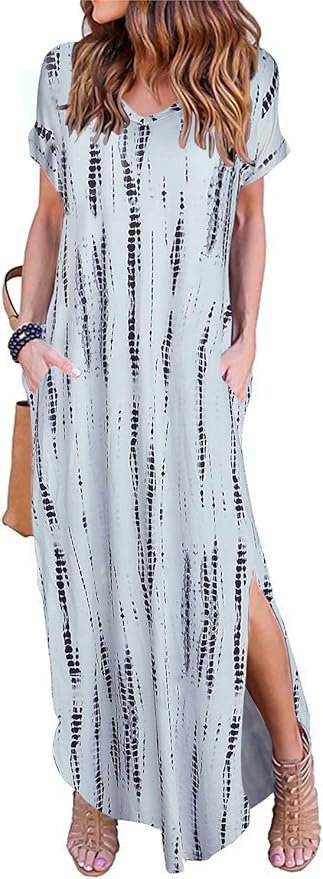 Arolina Women's Summer Maxi Dress Short Sleeve V Neck Casual Loose Long Beach Split Dresses with Pockets