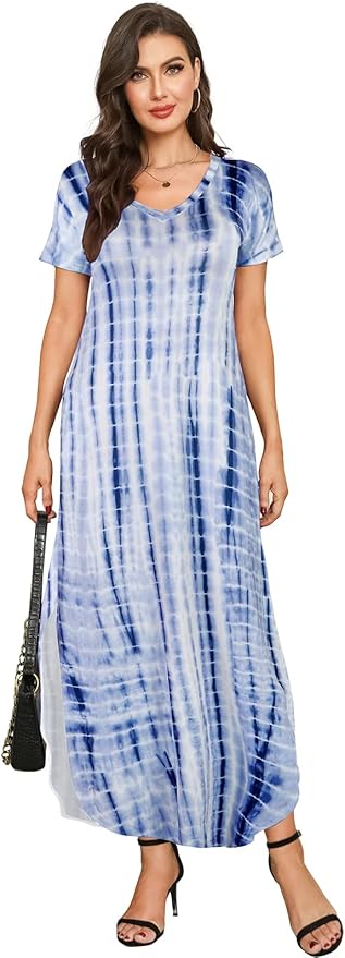 Arolina Women's Summer Maxi Dress Short Sleeve V Neck Casual Loose Long Beach Split Dresses with Pockets