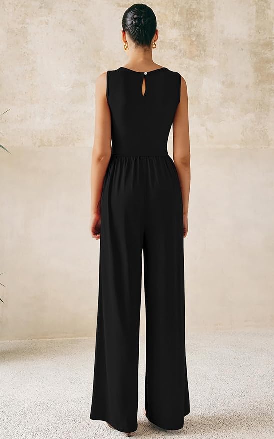 PRETTYGARDEN One Piece Jumpsuits for Women Dressy Casual Sleeveless Crewneck Wide Leg Rompers Jumpers Vacation Summer Outfits