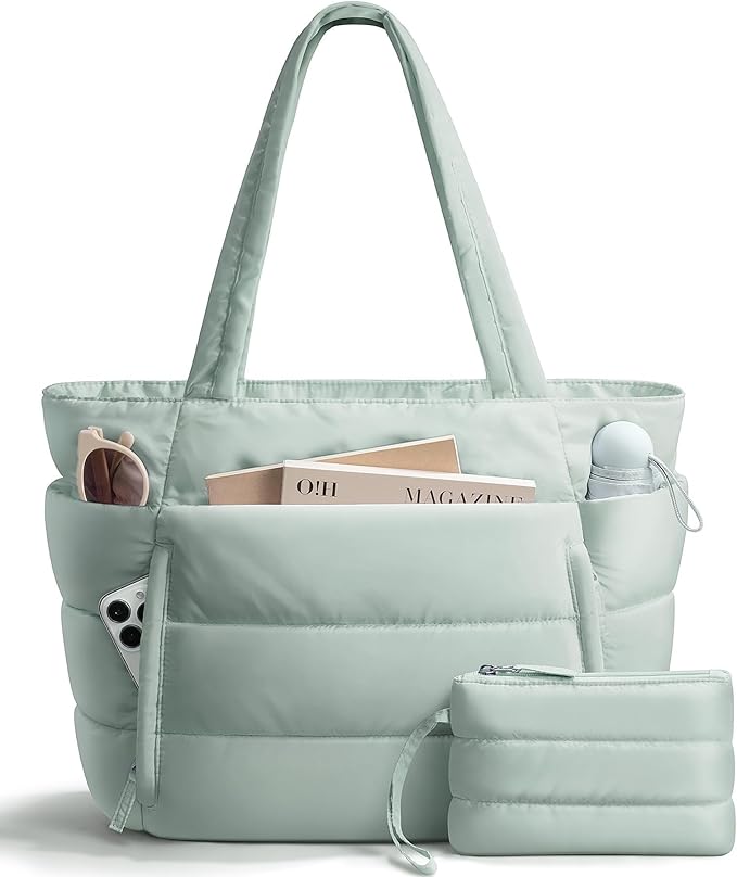 Puffer Tote Bag for Women, Lightweight Puffy Work Handbag Teacher Nurse Quilted Shoulder Bag for School Travel Gym | Quilted, with Zipper, Daily Carry On Bags, Comfy College Bags, 15.6" Laptop Sleeve, Cup Holder Pocket, Portable, Spacious