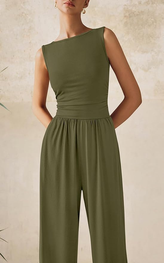 PRETTYGARDEN One Piece Jumpsuits for Women Dressy Casual Sleeveless Crewneck Wide Leg Rompers Jumpers Vacation Summer Outfits