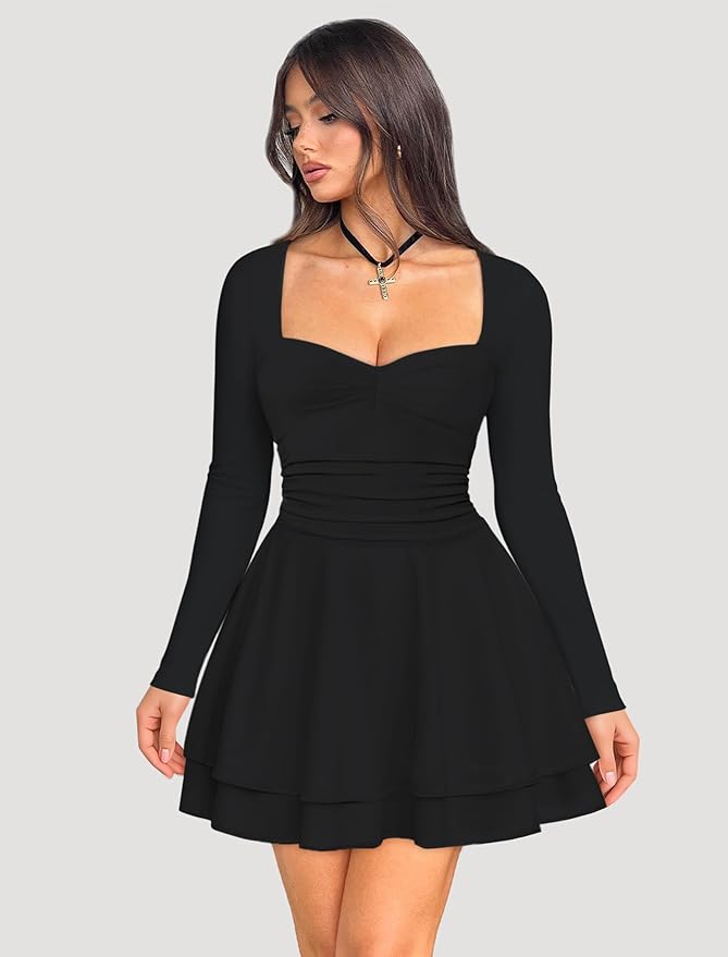 IWD Women's Square Neck Long Sleeve Mini Dress Ruched Corset Waist Tiered Ruffle Hem A Line Short Party Dresses