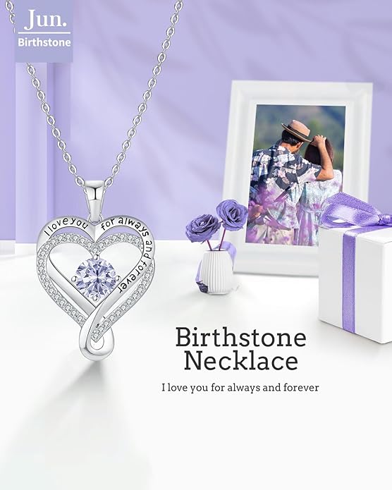 Jewelry for Women Wife Infinity Heart Birthstone I Love You Necklace S925 Anniversary Women Necklaces for Her Wife Birthday Gift Ideas, Birthday Present for Girlfriend Mom Daughter Sterling Silver