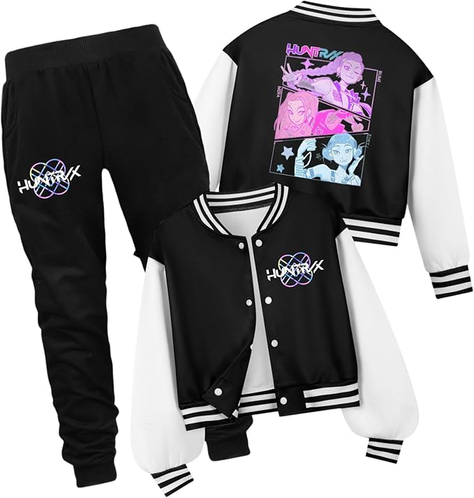K PopGirls Kpop Tracksuit Cute Cartoon Print Baseball Coats Fashion Long Sleeve Jackets and Pants Christmas Costume Set