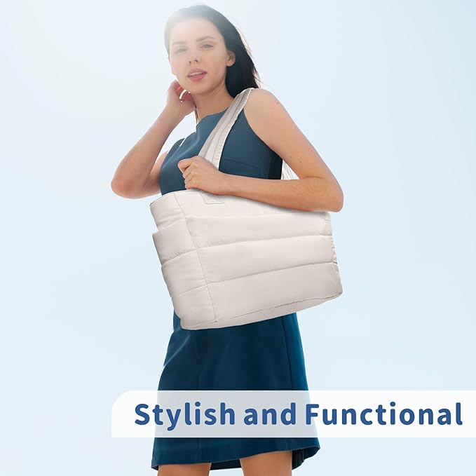 TOPDesign Puffer Tote Bag for Women, Lightweight Puffy Handbag with Compartments, Quilted Shoulder Bag for Work, Travel, Gym