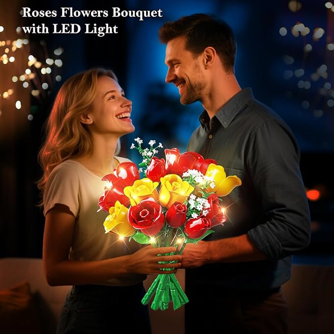 HOGOKIDS Flowers Bouquet Building Set with Lights - 16 Roses Bouquet Botanical Building Blocks Artificial Red Roses Flower for Home Decor Birthday Valentines Gifts for Adults Girl - 387PCS (Yellow)