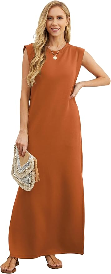 GRECERELLE 2026 Women Year-Round Casual Round Neck Loose Split Wrinkle-Free Long Maxi Vacation Dress with Pockets (XXS-4XL)