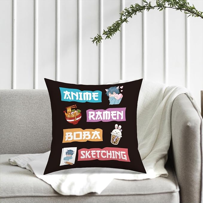 NGLIV Anime Decor, Just a Girl Who Loves Ramen Boba Sketching Room Decorative Throw Pillow Covers, Anime Lovers for Home Living Room Girl Women Bedroom Decoration Gifts