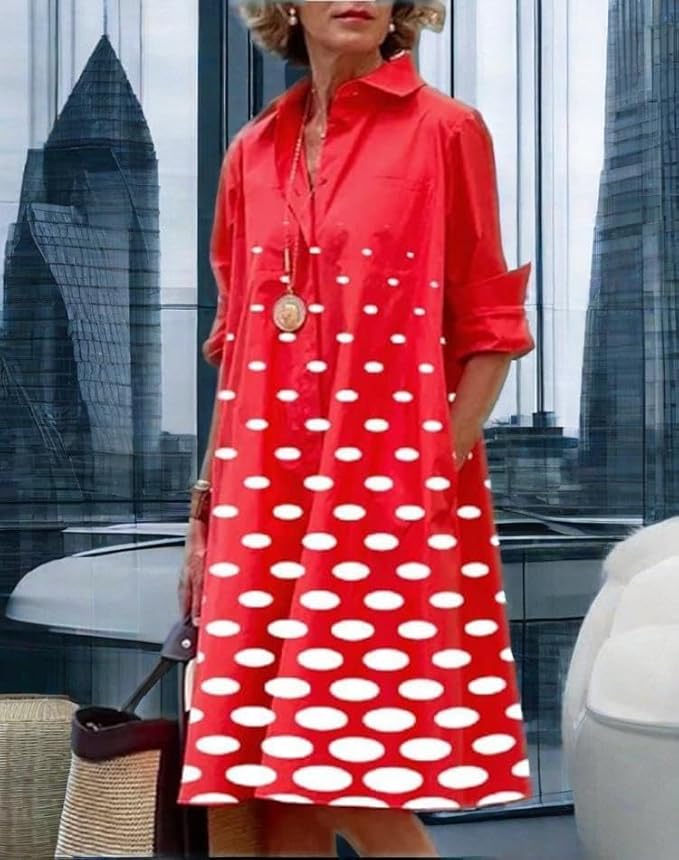 Womens 2025 Long Sleeve Button Down Shirt Summer Dress Casual V Neck Loose Fit Midi Shirt Dresses with Pockets