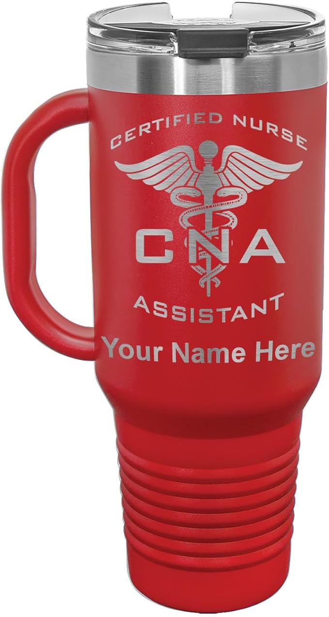 LaserGram 40oz Vacuum Insulated Travel Mug with Handle, CNA Certified Nurse Assistant, Personalized Engraving Included (Red)
