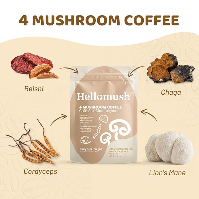 Hellomush Organic Instant Mushroom Coffee with Lions Mane, Reishi, Chaga and Cordyceps Coffee, Adaptogen Drink for Greater Energy, More Focus, Better Digestion, and Gut Support 90 Servings 11.11 oz