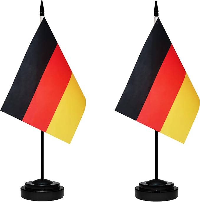 Germany German Deluxe Desk Flag Set, Small Mini Miniature Germany German Table Desktop Flags With Solid Pole, Black Base and Spear Top(2 Pack)