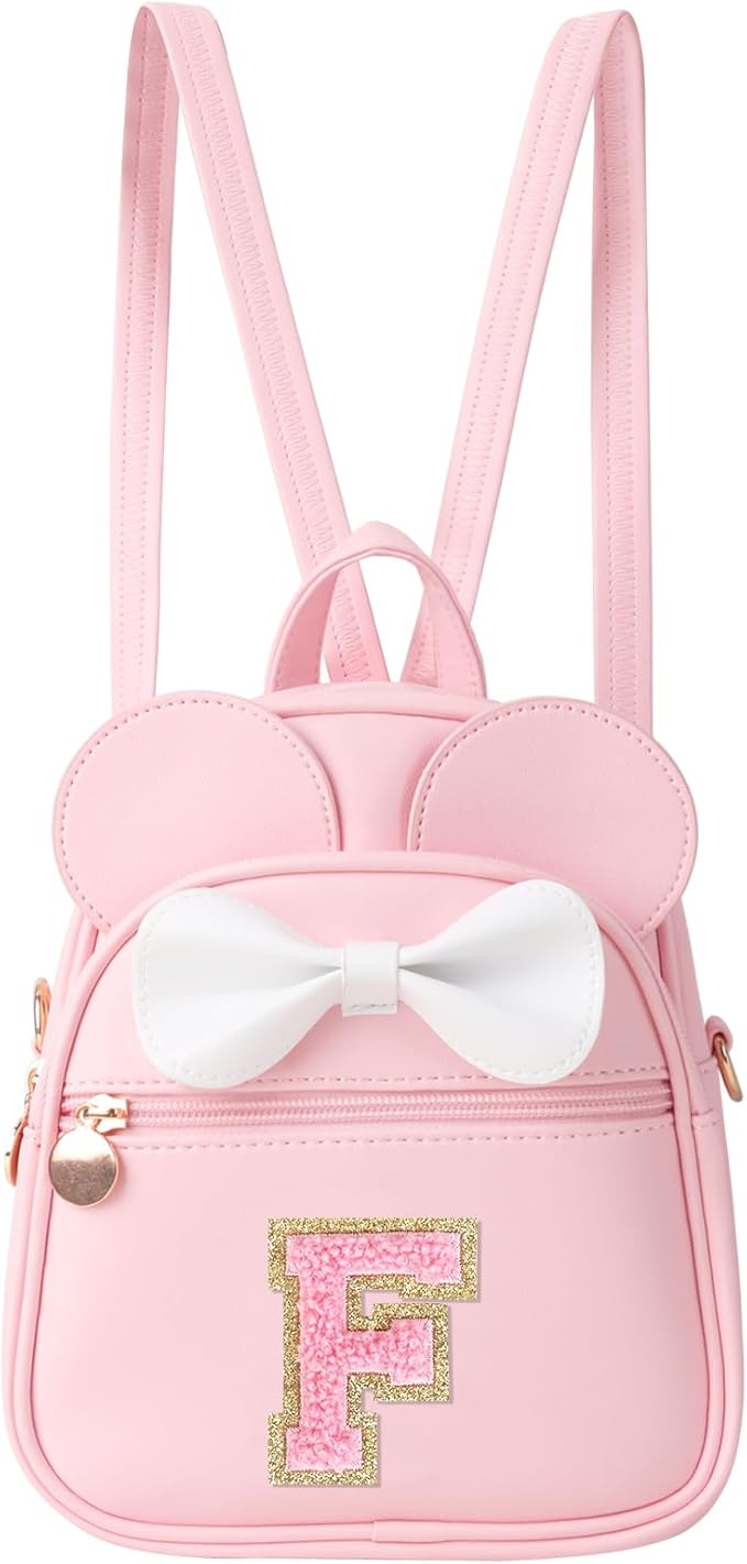UIXIZQ Personalized Toddler Backpack for Girls 3–10, Cute Mini Bowknot Mouse-Ear Toddler Bookbag Crossbody Purse, Small Daypack Wallet Set, Initial Birthday Gift, Trendy Little Kids/Teen Bag(Pink,F)