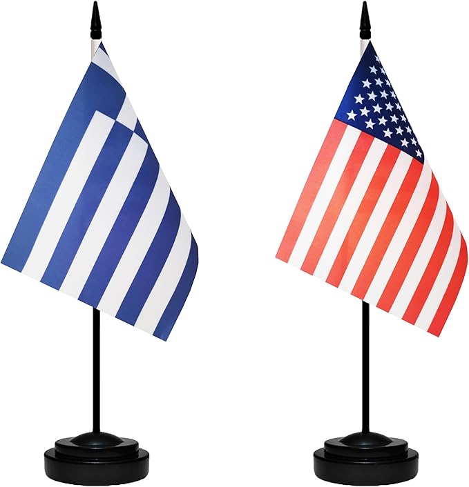USA American & Greece Greek Desk Flags, US Greece Office Table Flag, Small Mini Miniature Greek and US Desktop Flag With 13" Solid Black Pole, Black Base