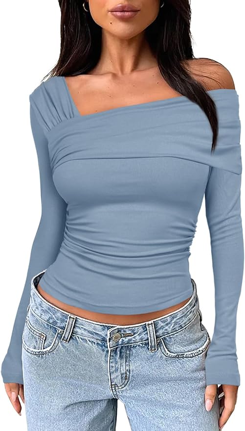 Darong Women's Off Shoulder Tops Y2K Shirt Slim Fit Ruched Crop Top Long Sleeves Spring Fall Blouse Going Out Shirt