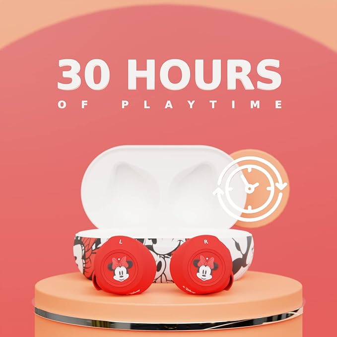 Disney Minnie Mouse Bluetooth Earbuds with Charging Case- Bluetooth Wireless Headset with Built-in Mic and 30 Hours of Playtime- Minnie Mouse Gifts for Women, Men and All Fans of Disney Gifts