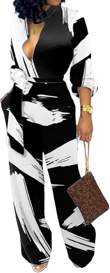 SeNight Women's Jumpsuits Elegant Business Casual Button Down V Neck Long Sleeve Strap Straight Long Pants With Pockets
