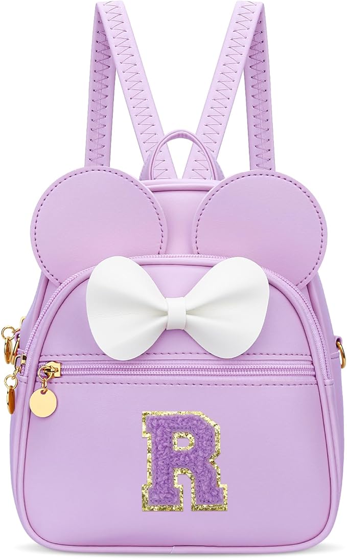 KKXIU Girls Initial Bowknot Cute Mini Backpack for Toddler, Travel Small Girl Backpacks, Personalized Valentine's Day Gifts for Little Girls and Kids(R, Purple)
