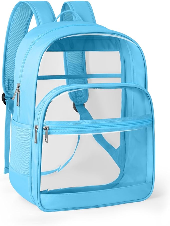 KIMNERPU Clear Backpack, Heavy Duty Transparent Bookbag for School, Fabric & PVC Transparent Backpack with Reinforced Strap for Women Men, Capacity Clear Bag for College, Sky Blue