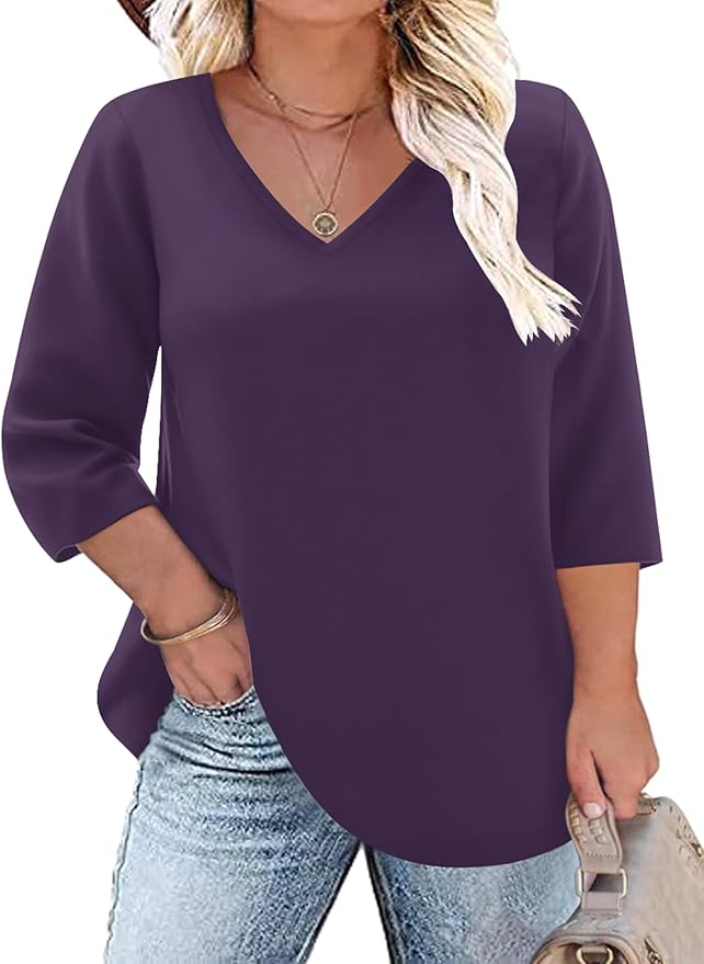 TFSDOD Womens Plus Size Tops V Neck T Shirts 3/4 Sleeve Blouse Summer Casual Tees XL-5X