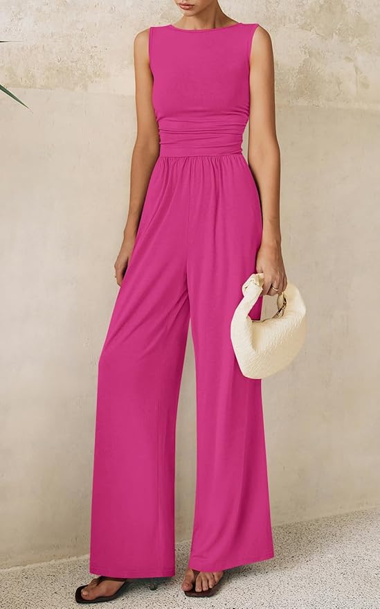 PRETTYGARDEN One Piece Jumpsuits for Women Dressy Casual Sleeveless Crewneck Wide Leg Rompers Jumpers Vacation Summer Outfits