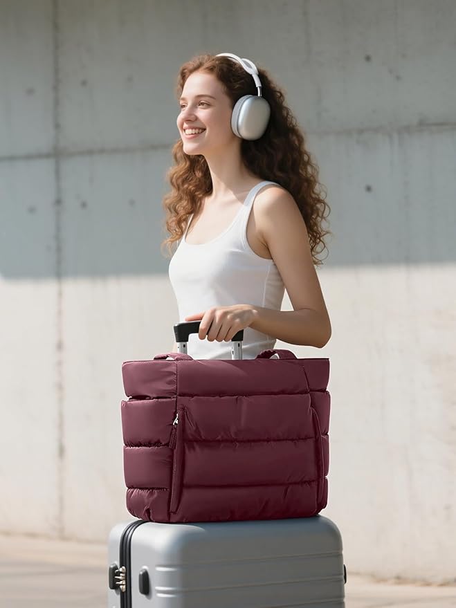 Puffer Tote Bag for Women, Lightweight Puffy Work Handbag Teacher Nurse Quilted Shoulder Bag for School Travel Gym | Quilted, with Zipper, Daily Carry On Bags, Comfy College Bags, 15.6" Laptop Sleeve, Cup Holder Pocket, Portable, Spacious