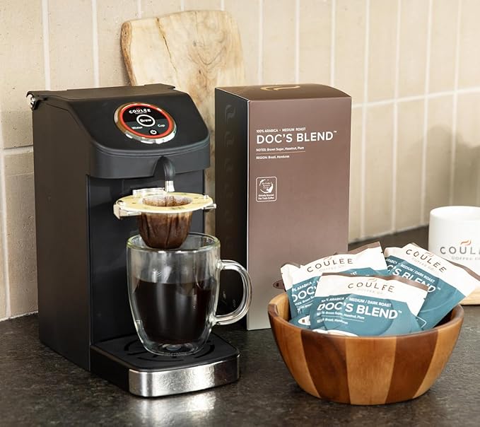 Coulée EcoPour Doc's Blend Coffee, Single Serve Pour Over Arabic Coffee, Dark Roast, Use for Camping or Traveling, Pre Filled Compostable Filters, Ready to Brew with Hot Water, 20 Pack