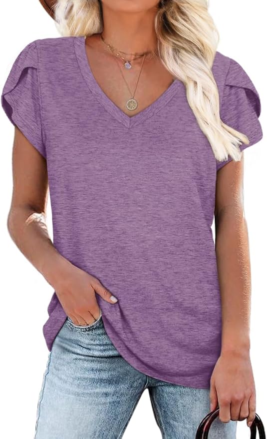WIHOLL Womens Tops V Neck Summer Petal Sleeve Casual Tshirts
