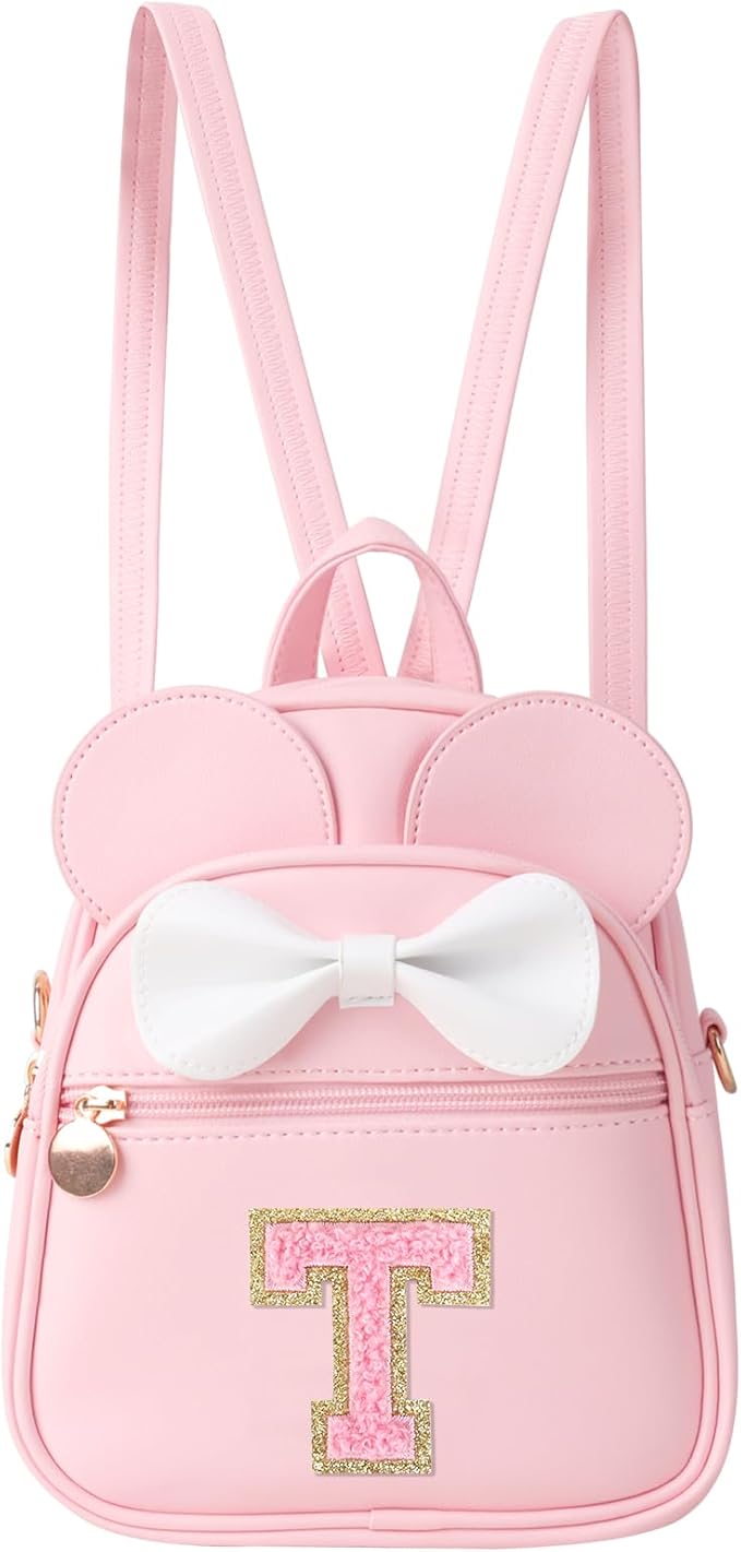 UIXIZQ Personalized Toddler Backpack for Girls 3–10, Cute Mini Bowknot Mouse-Ear Toddler Bookbag Crossbody Purse, Small Daypack Wallet Set, Initial Birthday Gift, Trendy Little Kids/Teen Bag(Pink,T)