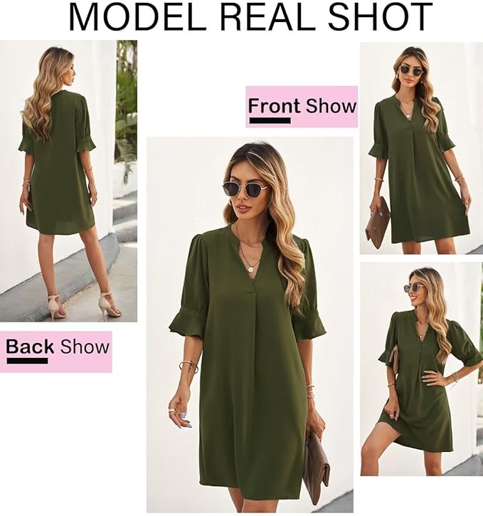 Wkior Shift Dress for Women V Neck Short Sleeves Solid Color Casual Flowy Summer Dresses(S-2XL)