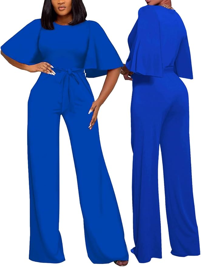 BessCops Womens Loose Short Sleeve Belted Wide Leg Pant Romper Jumpsuit Casual Business One Piece Outfits