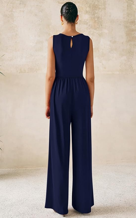 PRETTYGARDEN One Piece Jumpsuits for Women Dressy Casual Sleeveless Crewneck Wide Leg Rompers Jumpers Vacation Summer Outfits