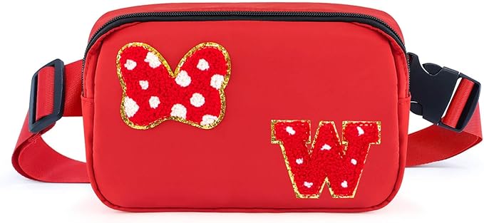 Chenille Initial Letter Bow Mouse Fanny Pack, Waterproof Park Crossbody Bag Christmas Birthday Gifts for Teen Girls Daughter Women Kids Adults, Cute Belt Bag Must Haves for Park Travel (W, Red)