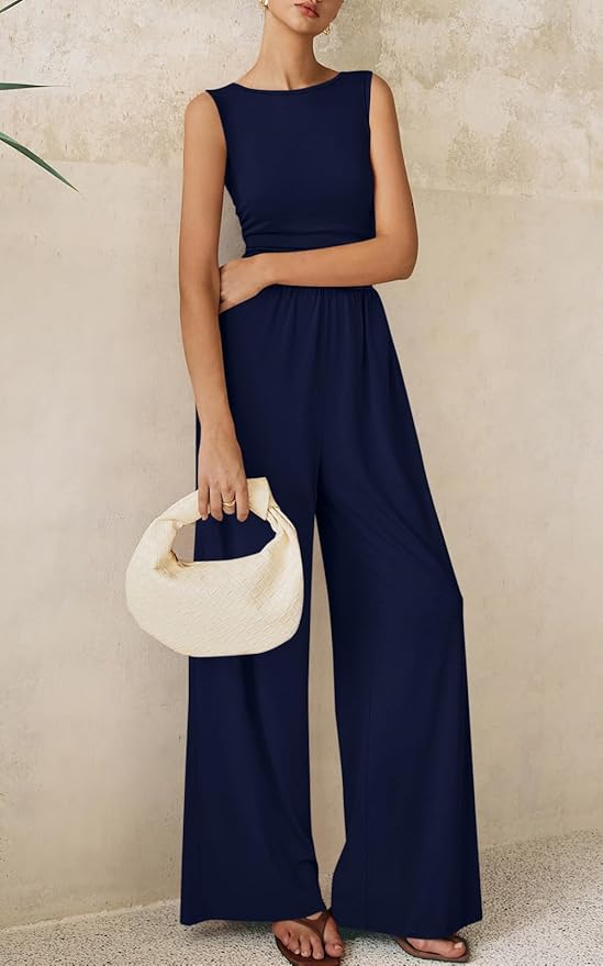 PRETTYGARDEN One Piece Jumpsuits for Women Dressy Casual Sleeveless Crewneck Wide Leg Rompers Jumpers Vacation Summer Outfits