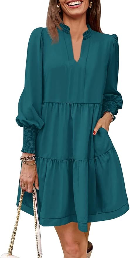 Imily Bela Womens Fall Long Sleeve Tunic Dress Casual V Neck Loose Ruffle Tiered Dress