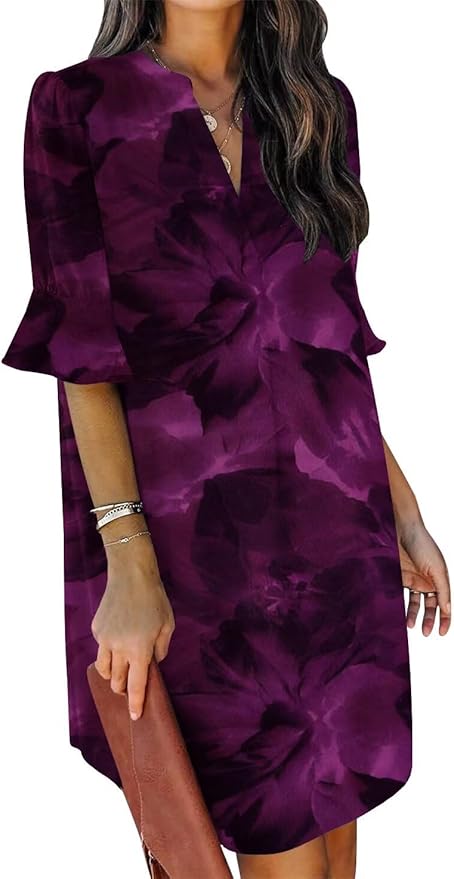 QACOHU Summer Dresses for Women V Neck Ruffle Short Sleeve Casual Shift Dress
