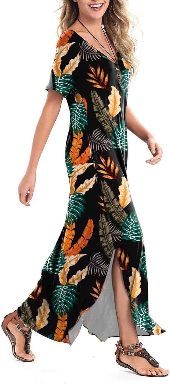Arolina Women's Summer Maxi Dress Short Sleeve V Neck Casual Loose Long Beach Split Dresses with Pockets