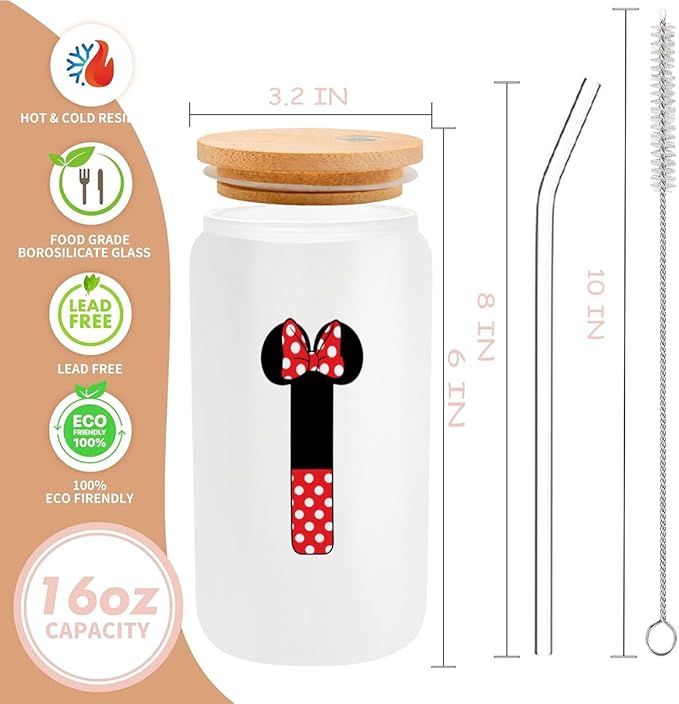 Cute Cartoon Mouse Lover Gifts Initial A-Z Personalized Iced Coffee Cup Magic Mouse Stuff Wizard Gift 16oz Glass Cup with Lid and Straws Birthday Christmas Gifts for Women Teen Girls (Letter I)