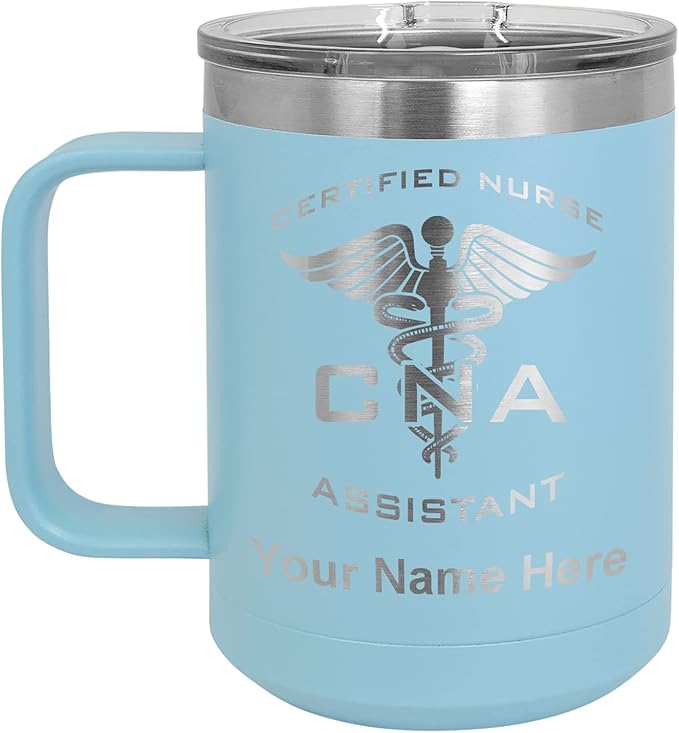 LaserGram 15oz Vacuum Insulated Coffee Mug, CNA Certified Nurse Assistant, Personalized Engraving Included (Light Blue)
