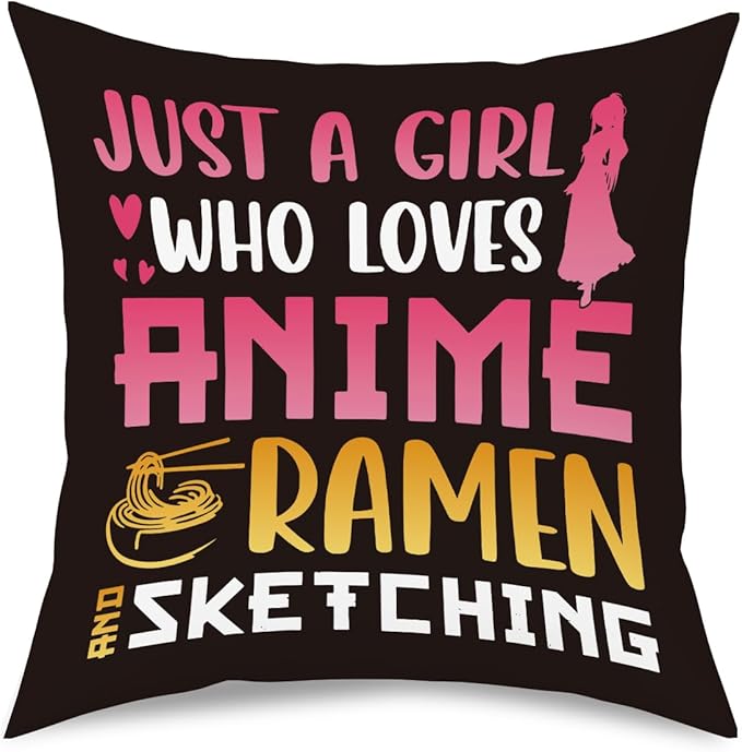 NGLIV Anime Decor, Just a Girl Who Loves Anime Ramen Anime Room Decorative Throw Pillow Covers, Girls Anime Gifts Anime Lovers for Home Living Room Girl Women Bedroom Decoration Gifts Black