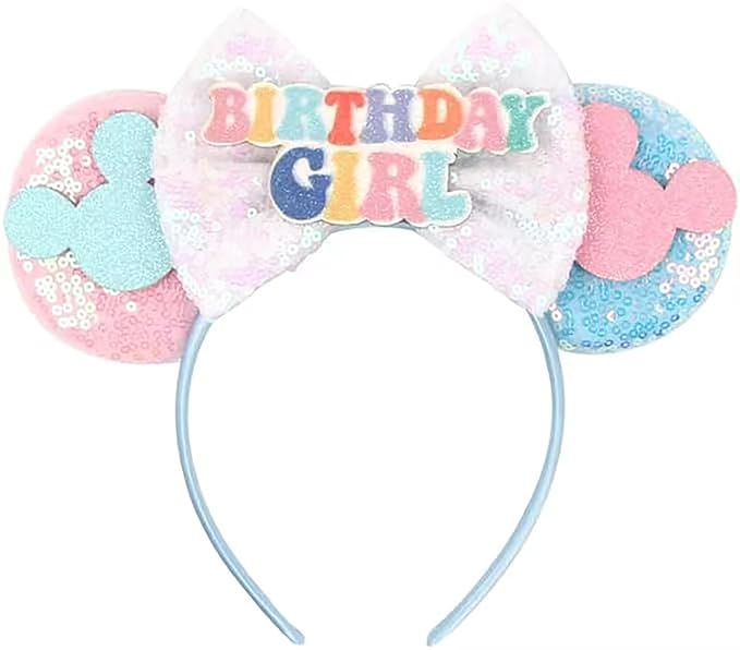 RAZKO Mouse Ears Headband, Blue Birthday Hairband Mice ears Headband for Women Girls Hair Accessories(Birthday Girl-Blue M)