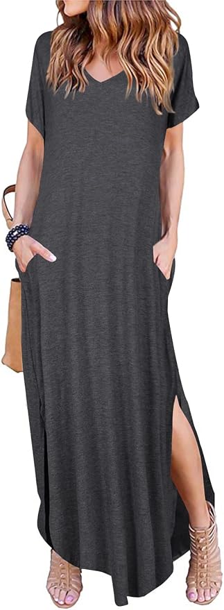 Arolina Women's Summer Maxi Dress Short Sleeve V Neck Casual Loose Long Beach Split Dresses with Pockets