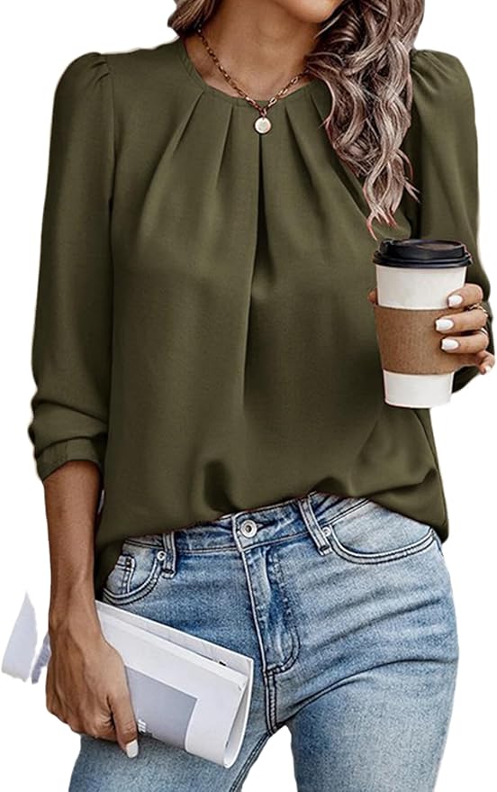Samefar Womens Tops Dressy Casual Pleated Crew Neck Long Sleeve Shirts Office Work Chiffon Blouses