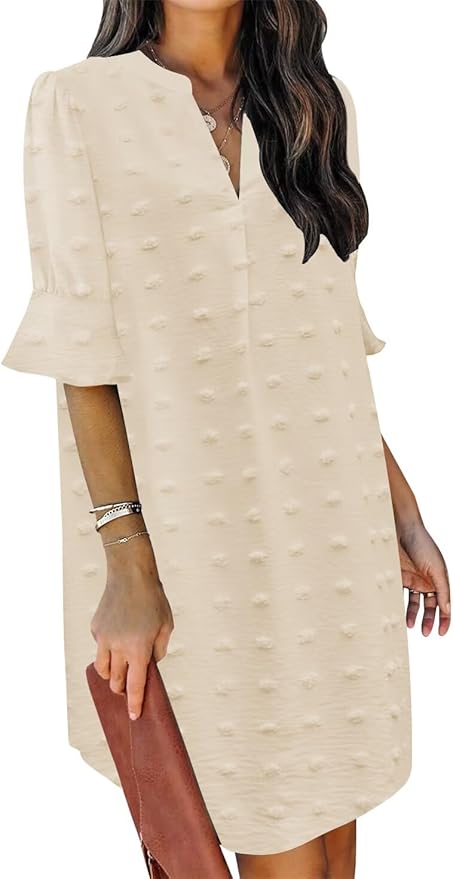 QACOHU Summer Dresses for Women V Neck Ruffle Short Sleeve Casual Shift Dress