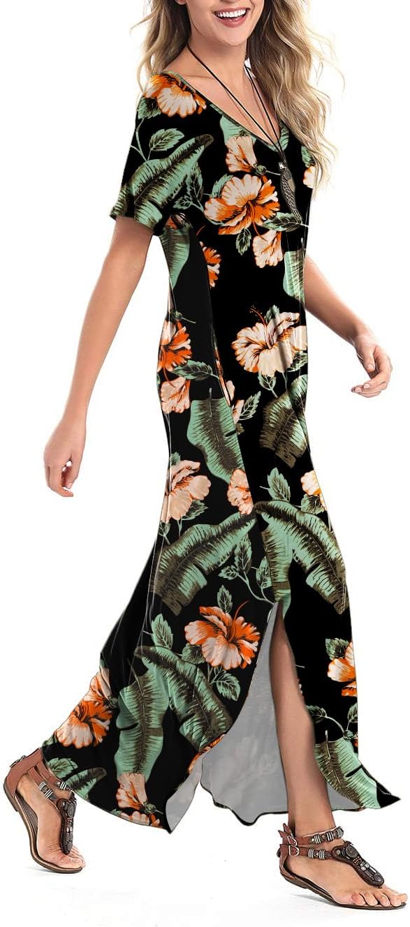 Arolina Women's Summer Maxi Dress Short Sleeve V Neck Casual Loose Long Beach Split Dresses with Pockets
