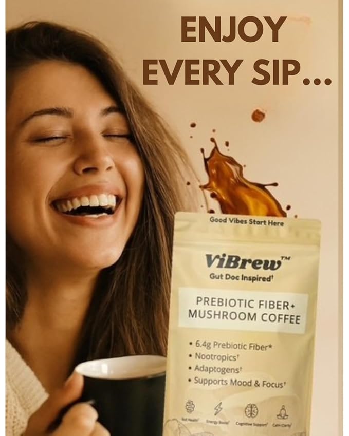 VIBREW Instant Coffee – Low Caffeine Organic Arabica for Focus, Energy, Digestion & Immune Support (240grams)