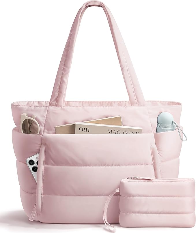 Puffer Tote Bag for Women, Lightweight Puffy Work Handbag Teacher Nurse Quilted Shoulder Bag for School Travel Gym | Quilted, with Zipper, Daily Carry On Bags, Comfy College Bags, 15.6" Laptop Sleeve, Cup Holder Pocket, Portable, Spacious
